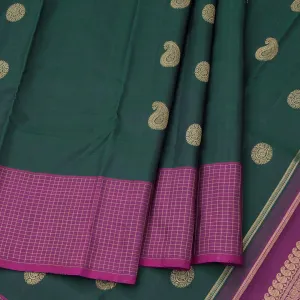 Dark Green Silk Saree With Mango And Chakra Buttas And Checked Border