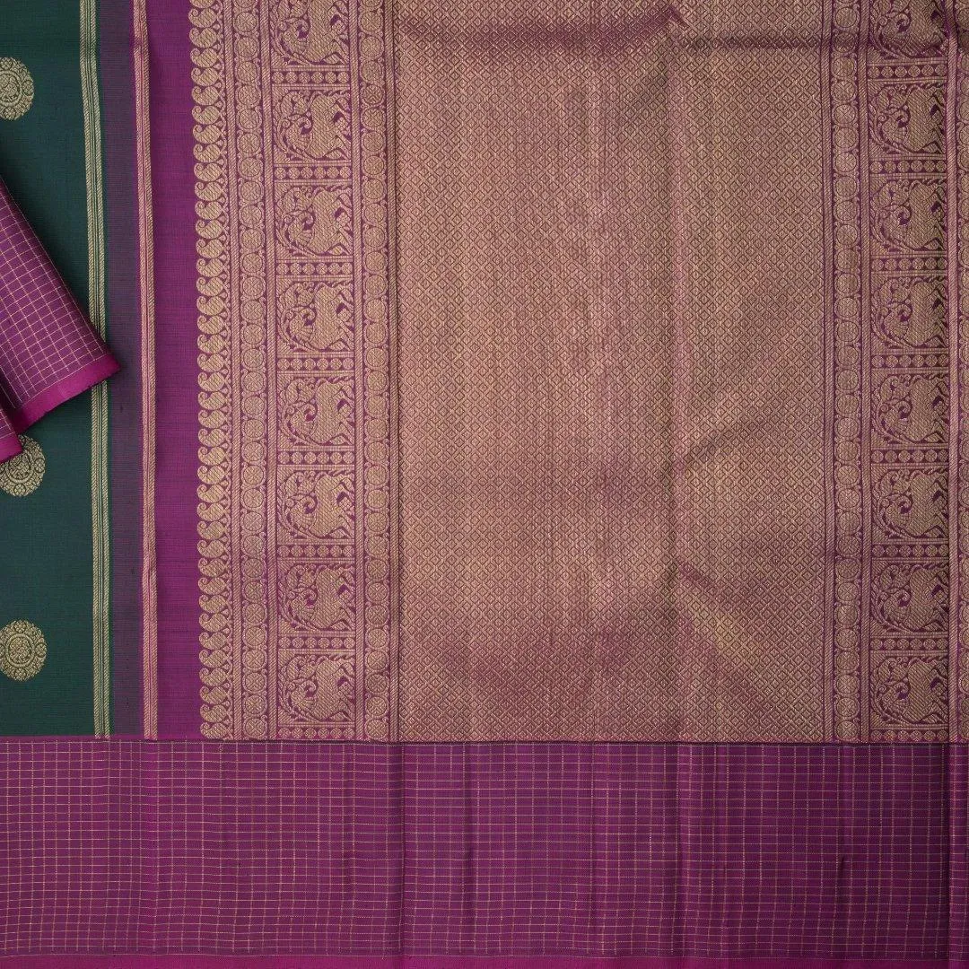 Dark Green Silk Saree With Mango And Chakra Buttas And Checked Border