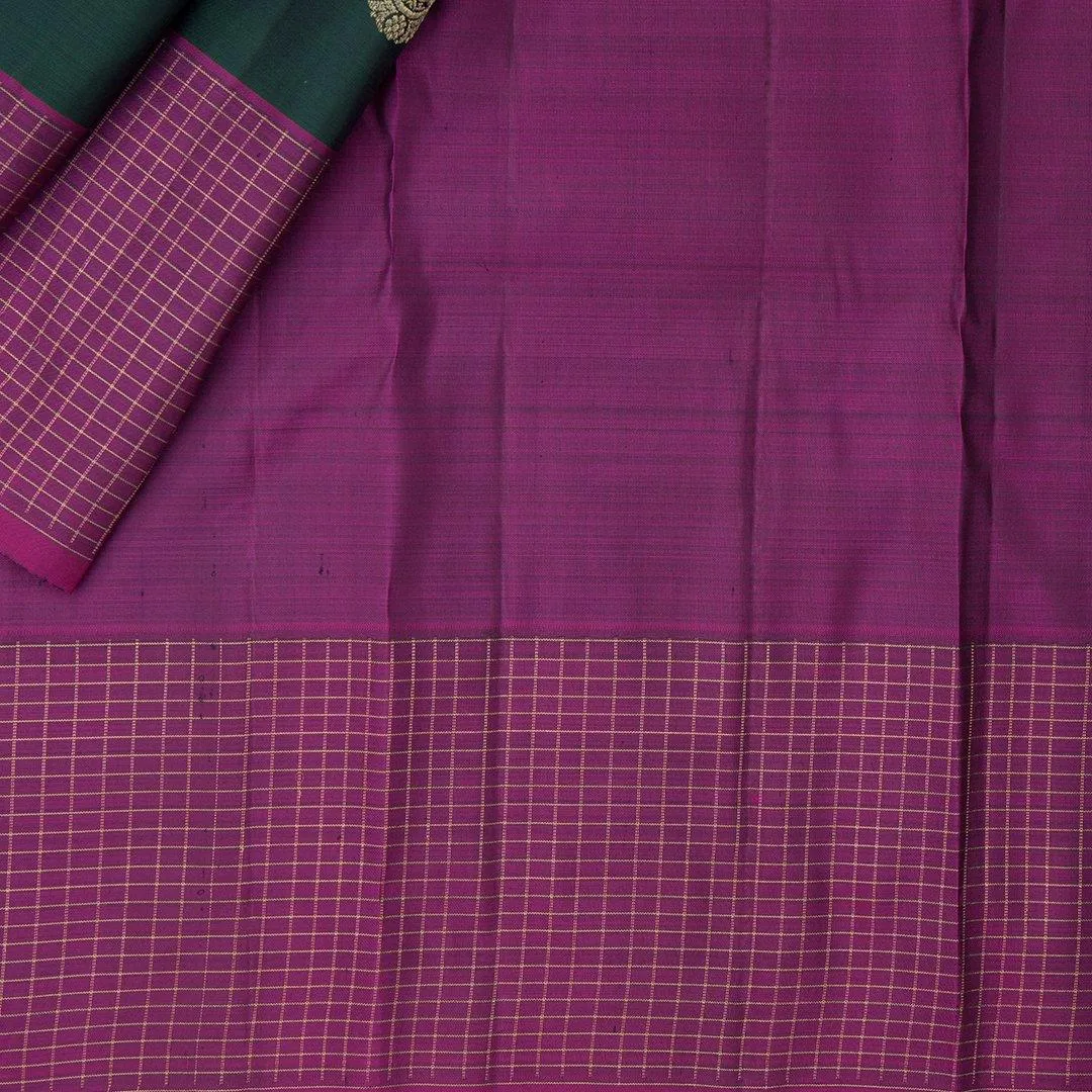 Dark Green Silk Saree With Mango And Chakra Buttas And Checked Border