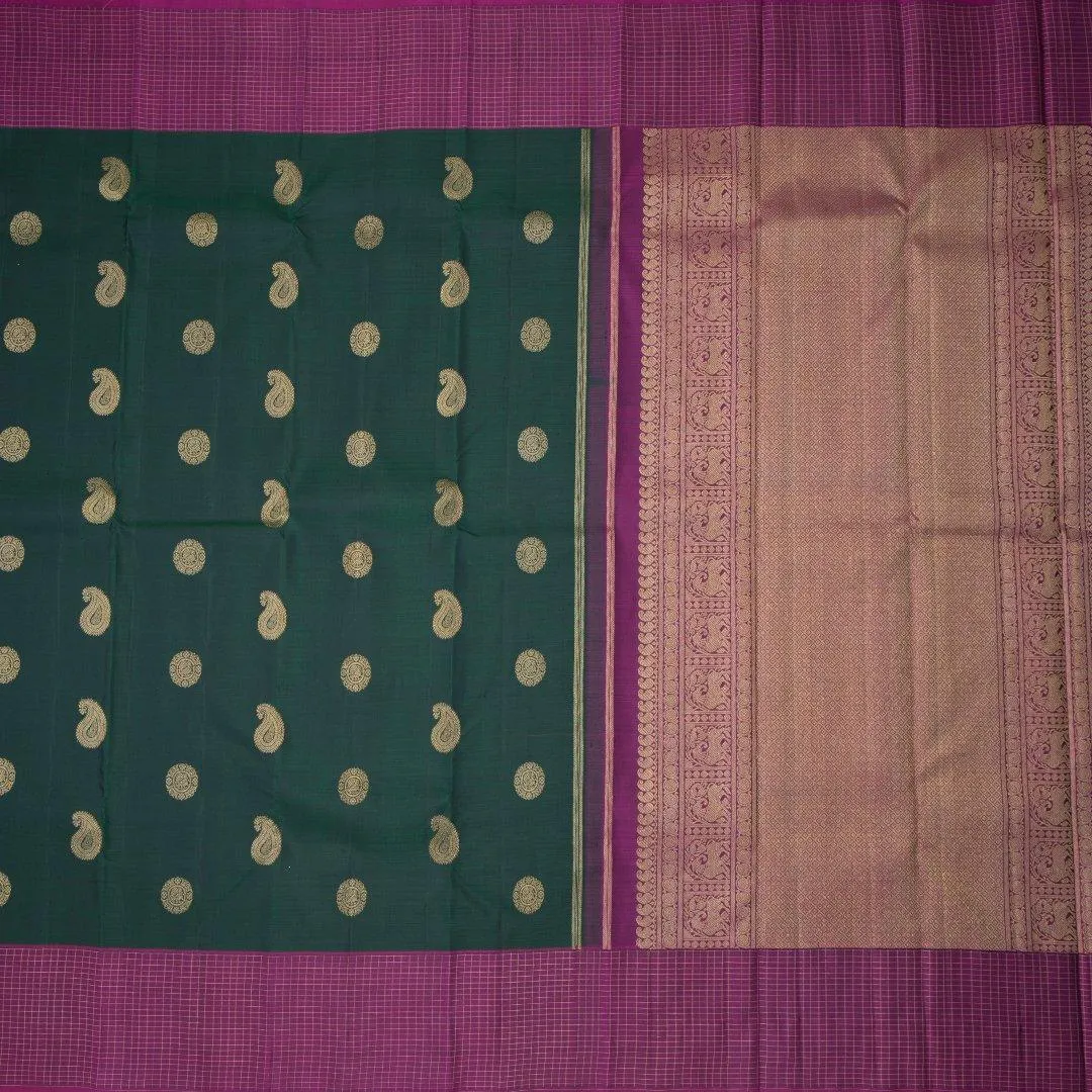 Dark Green Silk Saree With Mango And Chakra Buttas And Checked Border