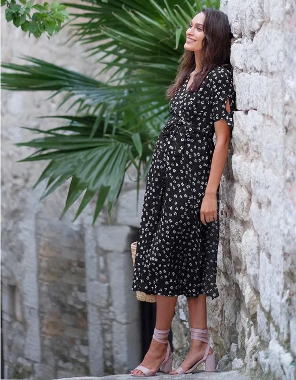 Seraphine Bessie Black Midi Wrap Maternity & Nursing Dress