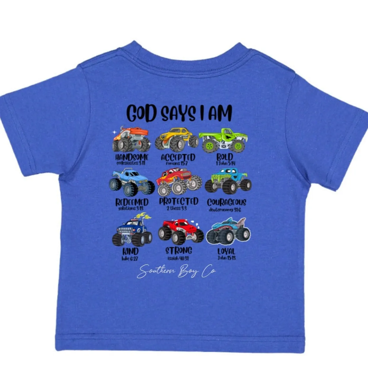 (SHORT) God Says I Am: Monster Trucks Short Sleeve Kids Tee (D)