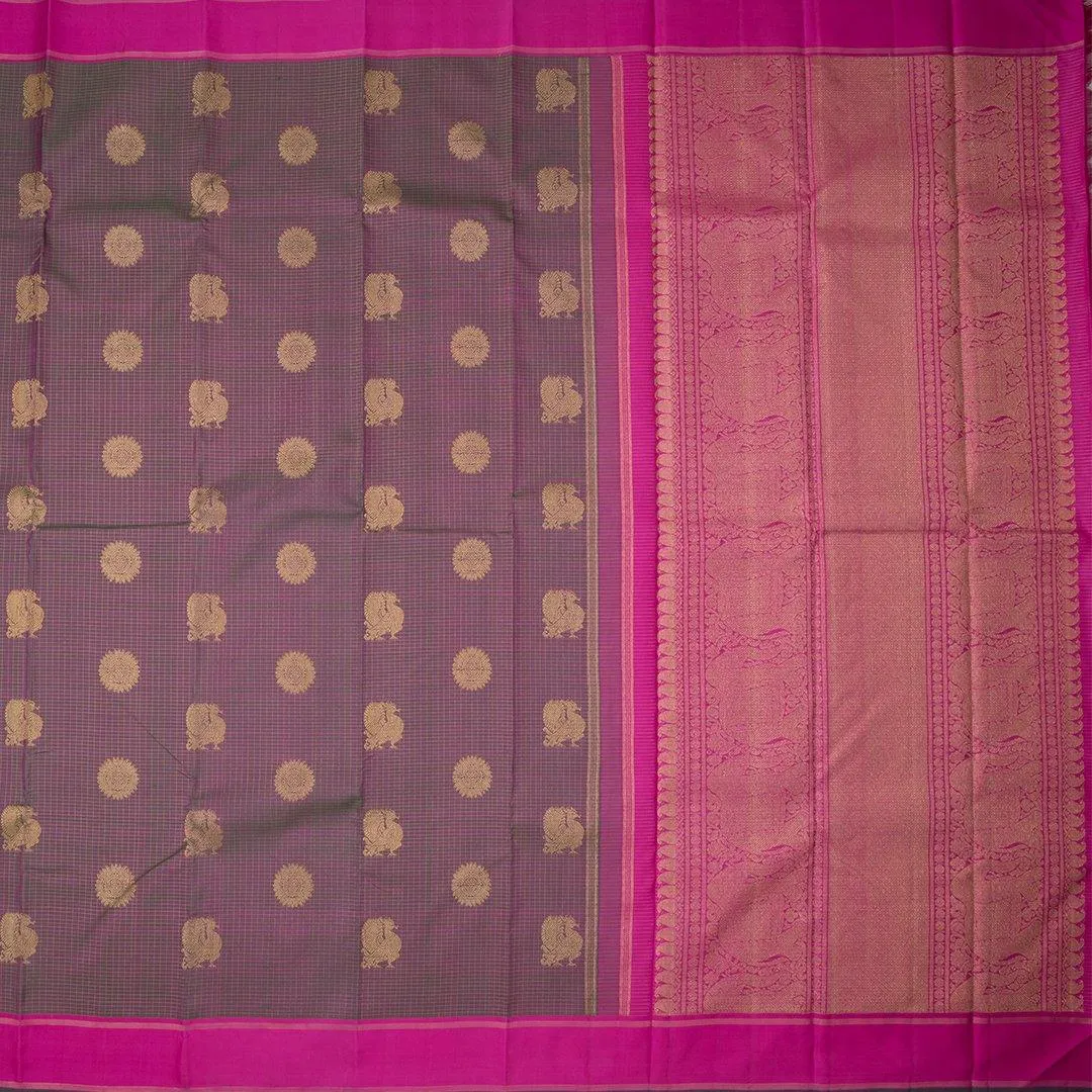 Shot Colour Micro Checked Silk Saree With Elephant Design On The Pallu