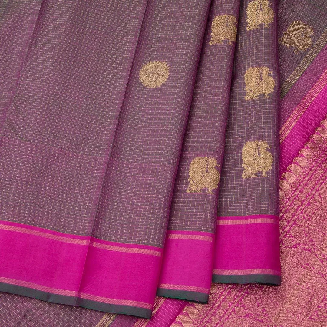 Shot Colour Micro Checked Silk Saree With Elephant Design On The Pallu