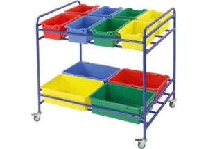 Storage Trolley with 12 Plastic Coloured Tubs