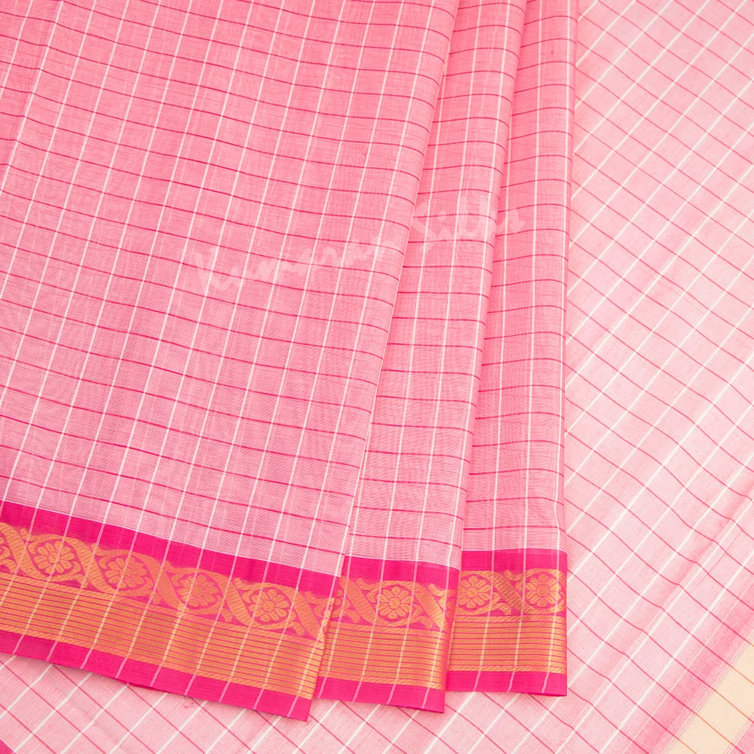 Venkatagiri Handloom Cotton Checked Light Pink Saree Without Blouse