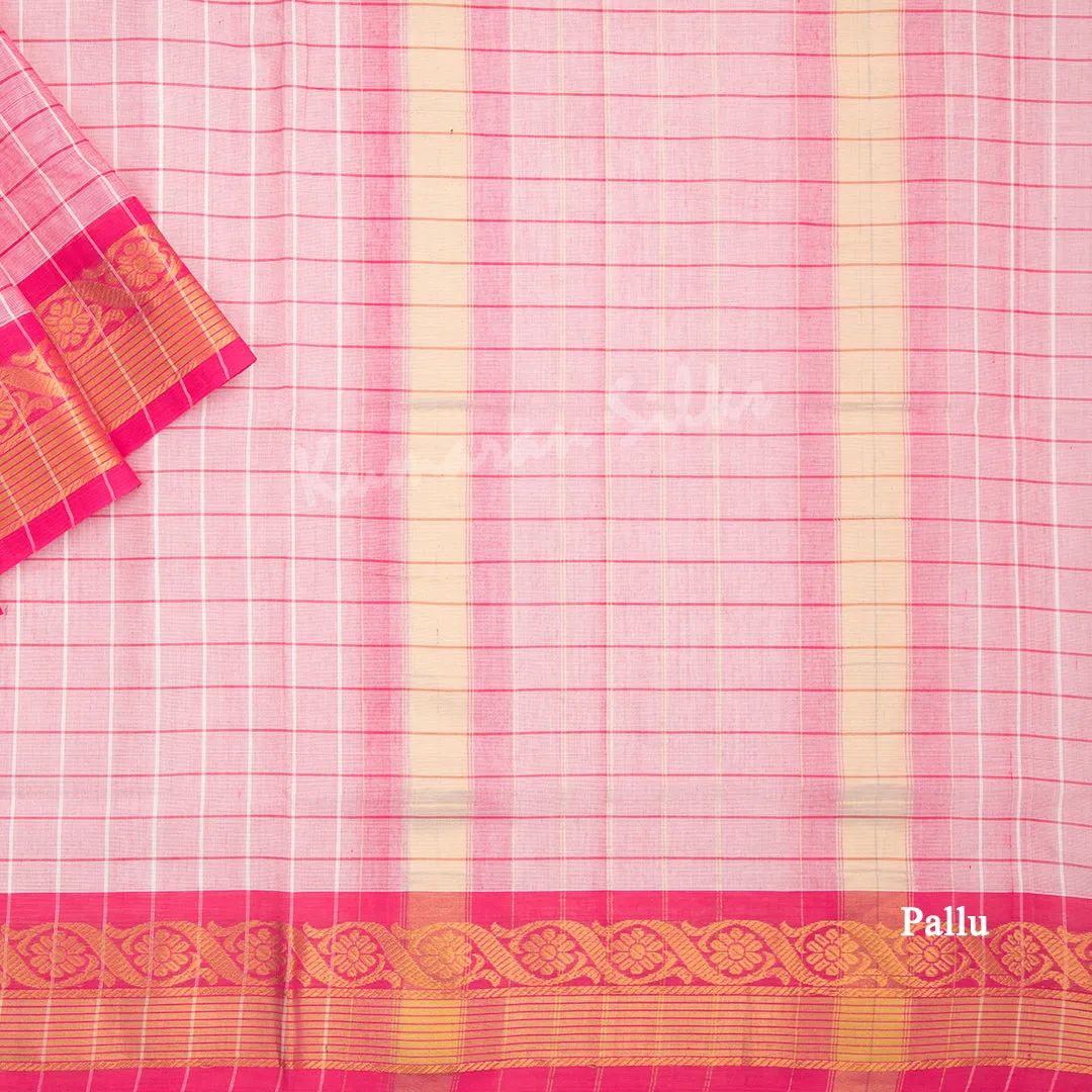 Venkatagiri Handloom Cotton Checked Light Pink Saree Without Blouse